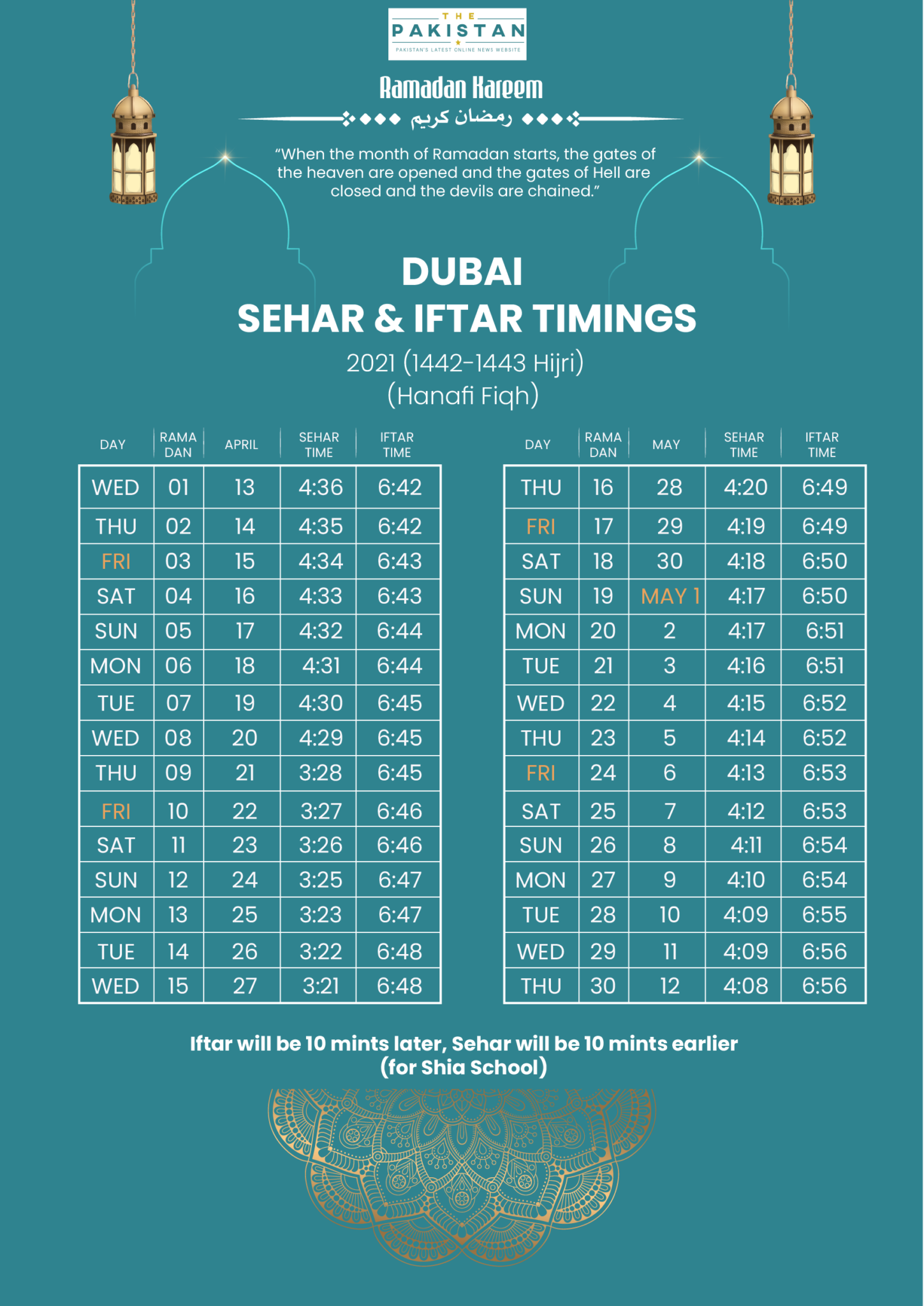 SEHRI & IFTAR TIME DUBAI The Pakistan