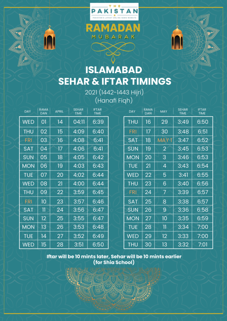 SEHRI & IFTAR TIME ISLAMABAD The Pakistan