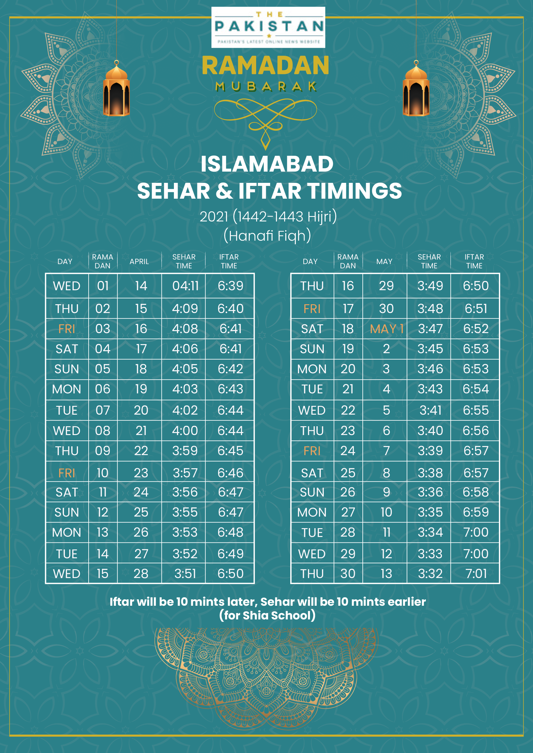 SEHRI & IFTAR TIME - ISLAMABAD