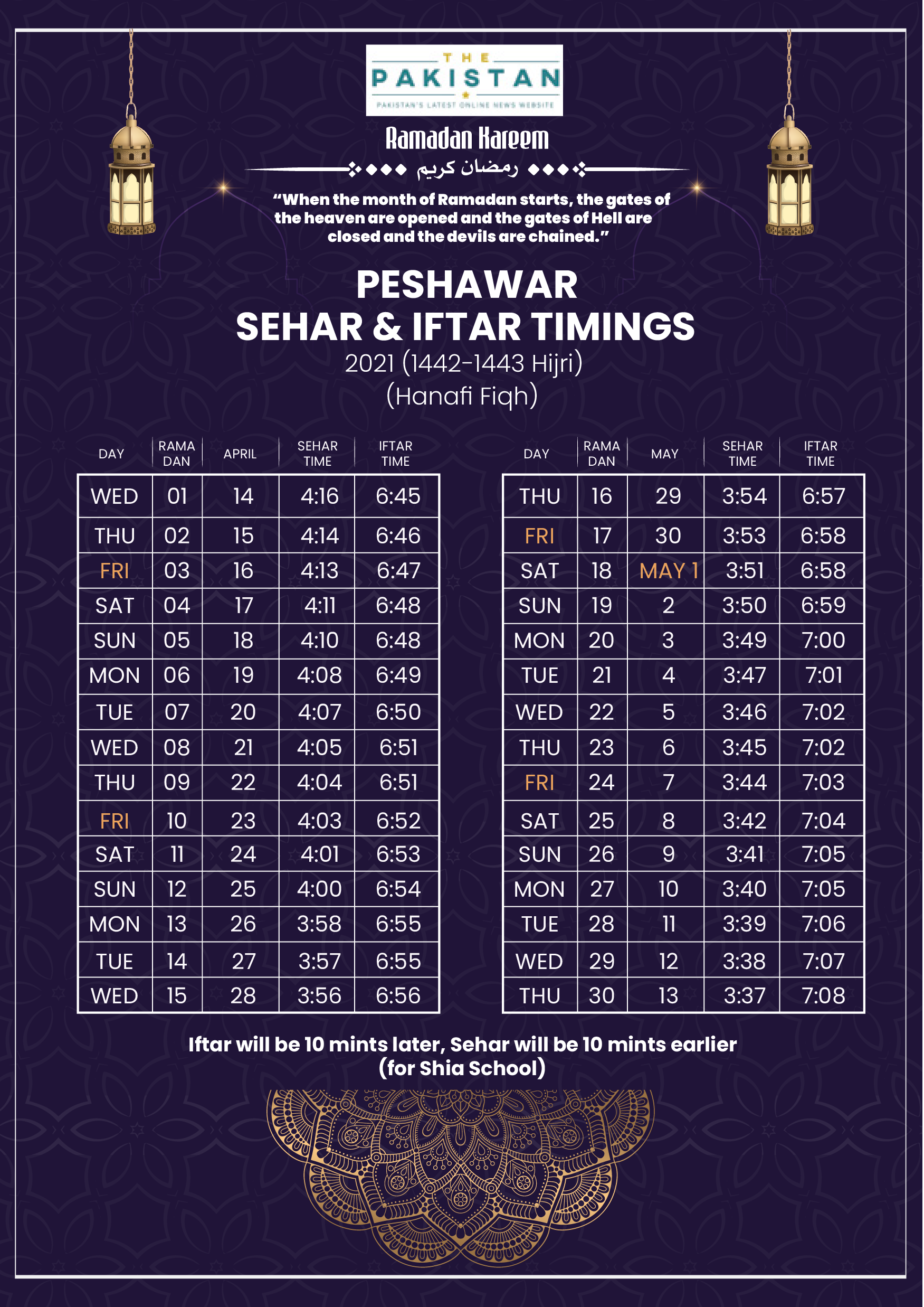 SEHRI & IFTAR TIME - PESHAWAR