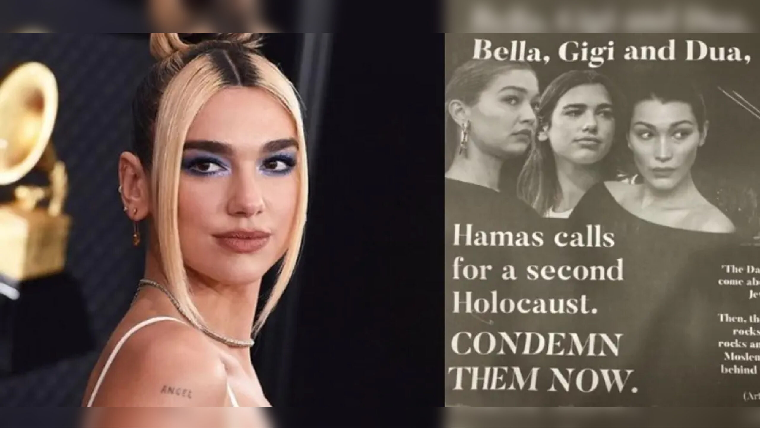 A full page ad links pop star Dua Lipa and Hadid sisters, levitating singer fights back